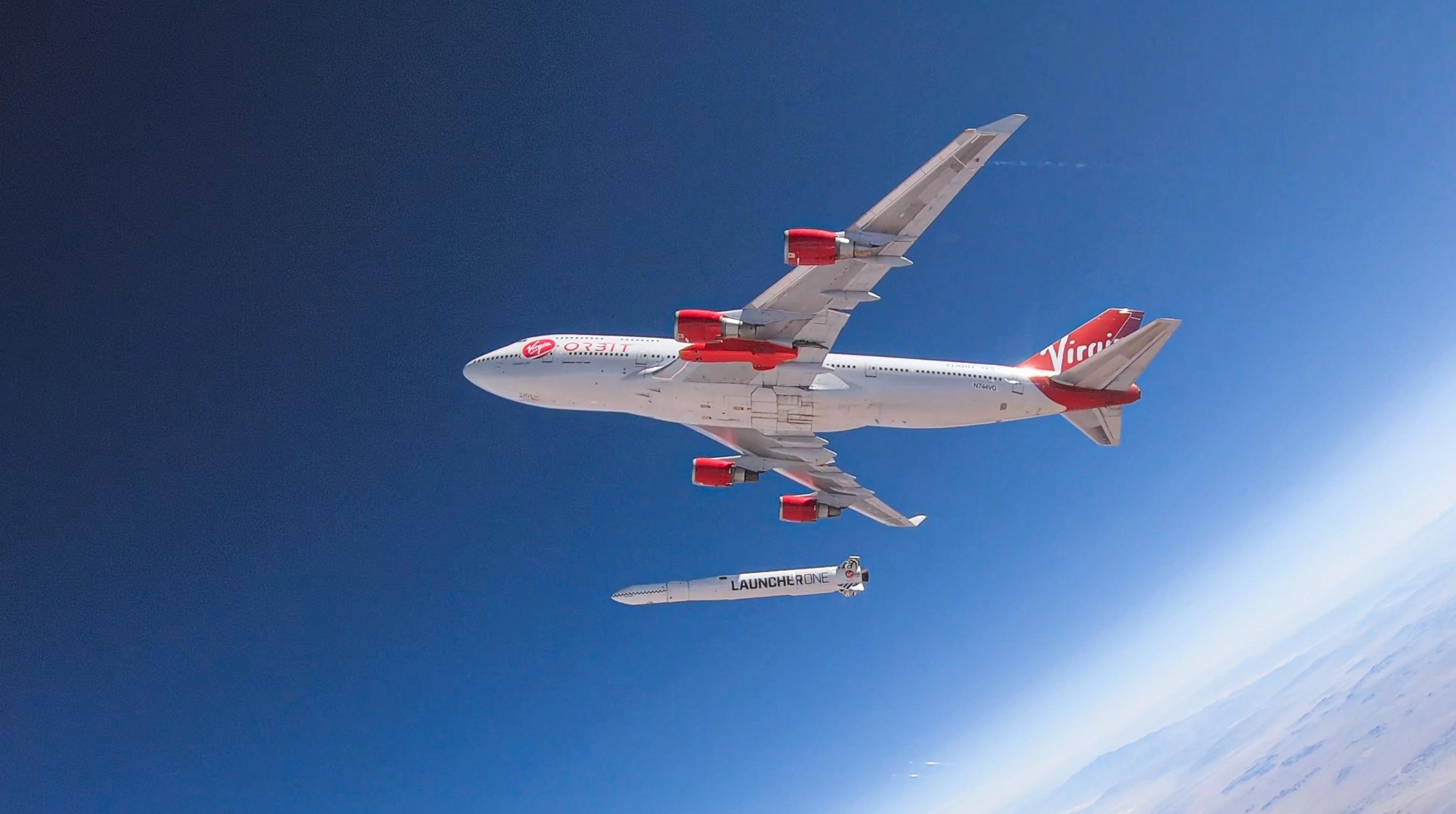 Virgin Orbit's "Cosmic Girl" aircraft shortly after separating the LauncherOne vehicle during a drop-test in July 2019.