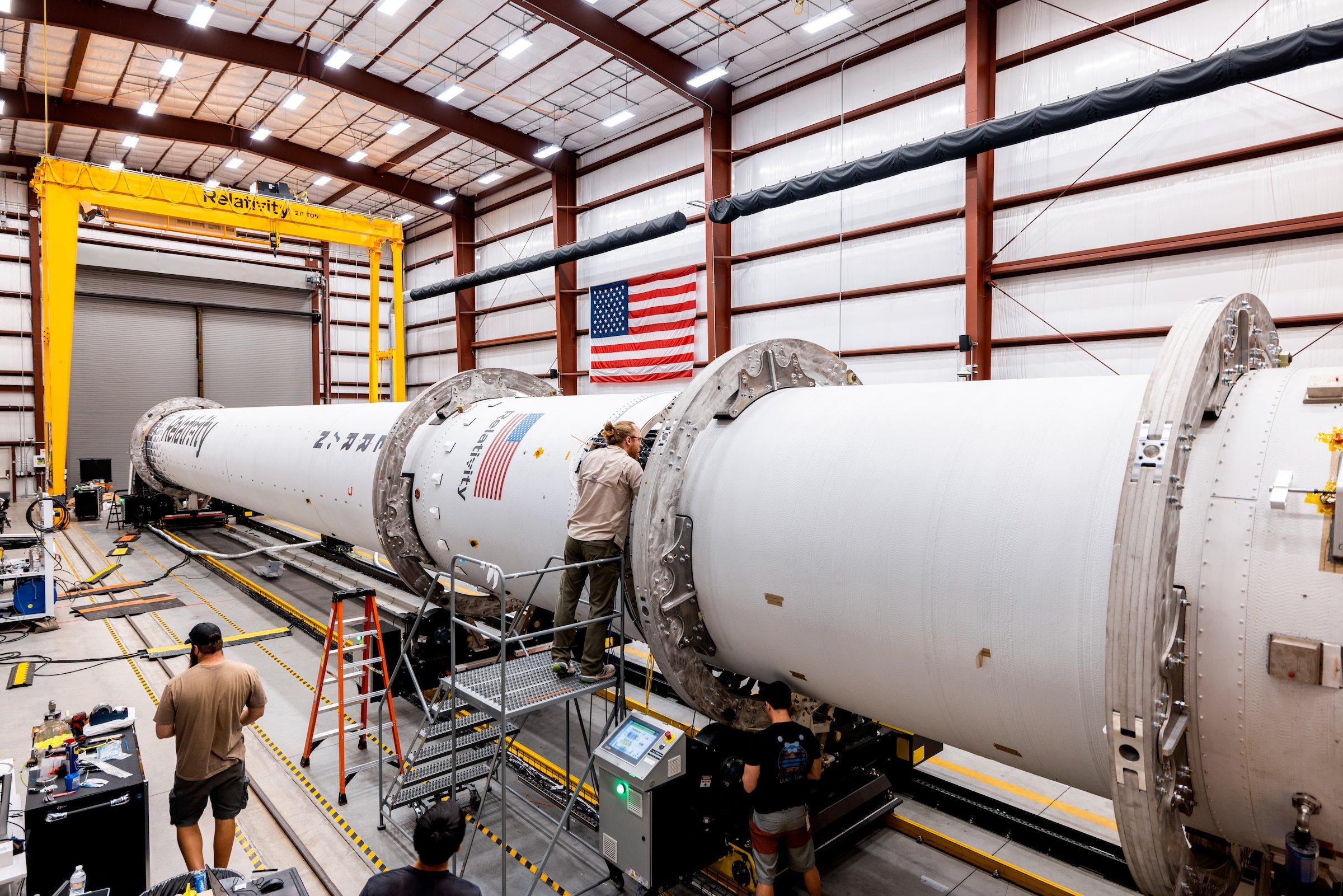 Relativity's Terran 1 vehicle has both stages mated at their Cape Canaveral facility ahead of Terran 1's maiden launch. Credit: Trevor Mahlmann for Relativity Space