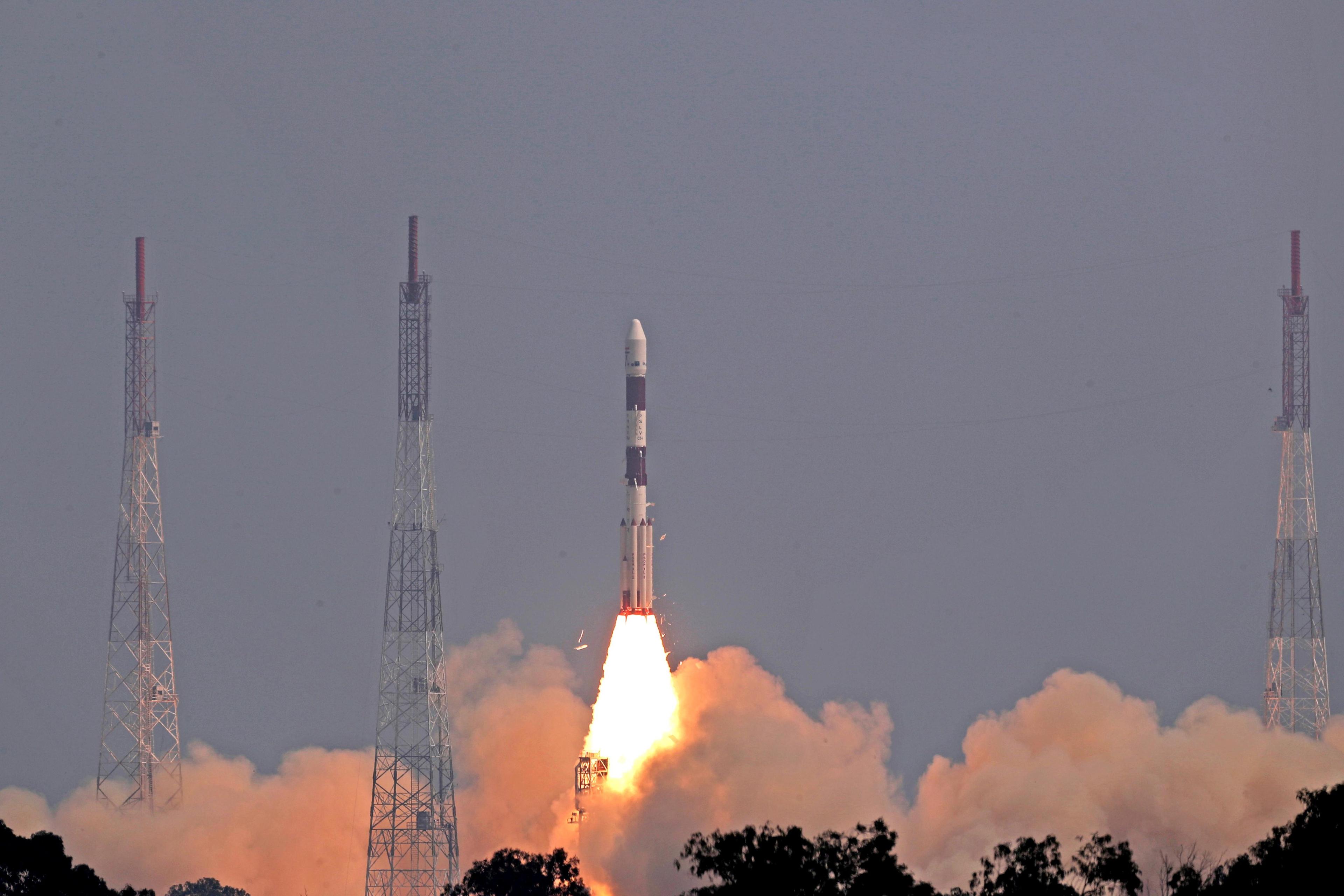 The Indian Space Research Organisation's PSLV-XL launch vehicle launches from First Launch Pad in Sriharikota, India