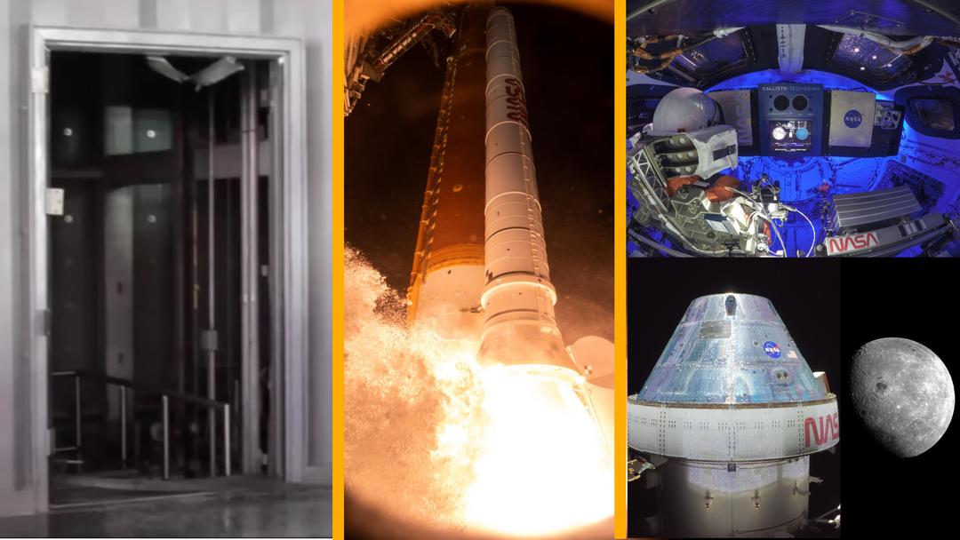 LEFT: Broken elevators on mobile launcher; CENTER: SLS launching from LC-39B; RIGHT: Collisto, Orion, Moon.