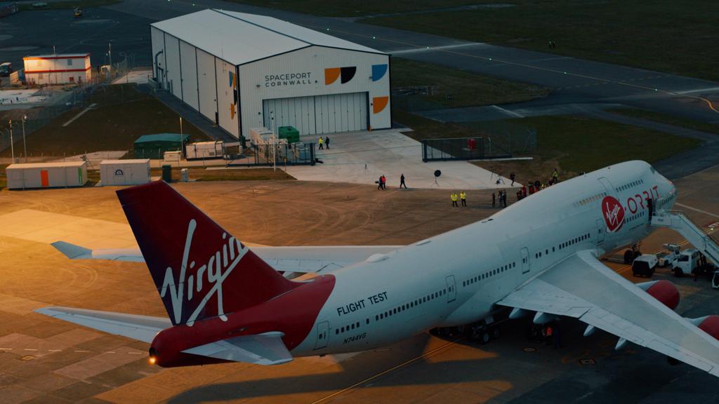 Virgin Orbit's "Cosmic Girl" aircraft parked up at Spaceport Cornwall