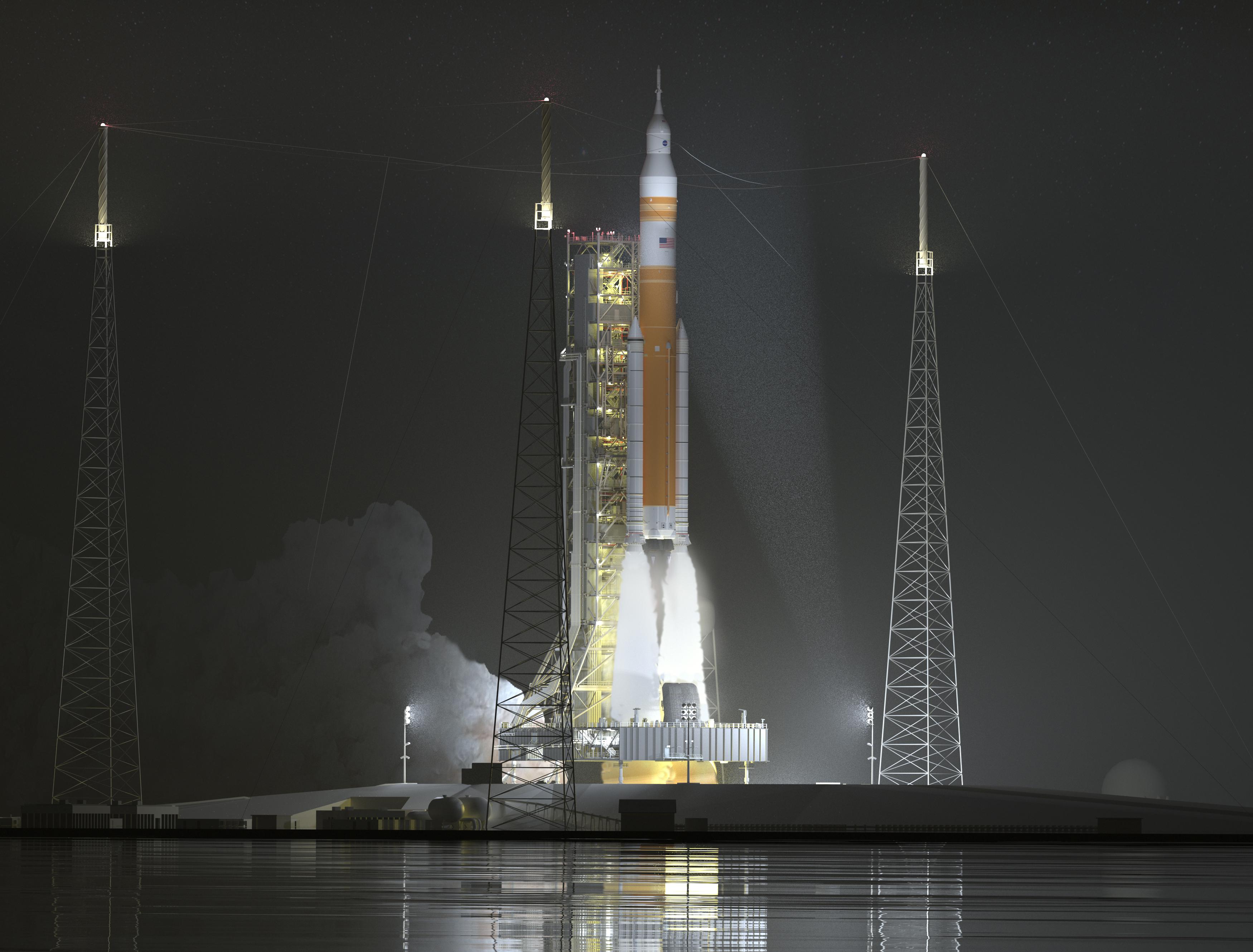 A render of SLS Block 1B launching from LC-39B