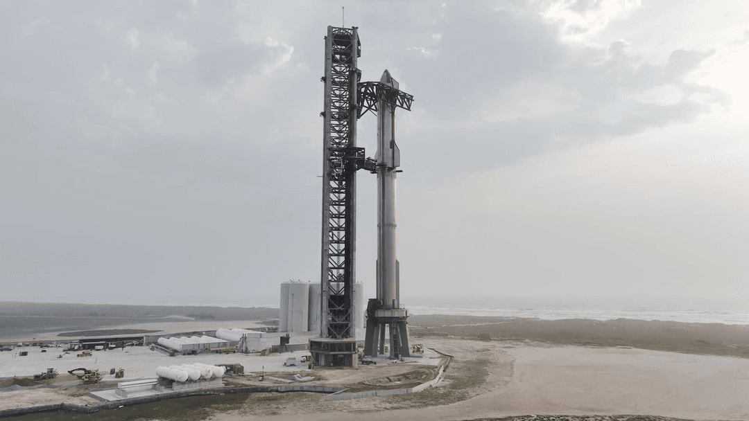 SpaceX's Ship 24 and Booster 7 fully stacked on the Orbital Launch Mount at Starbase, TX.